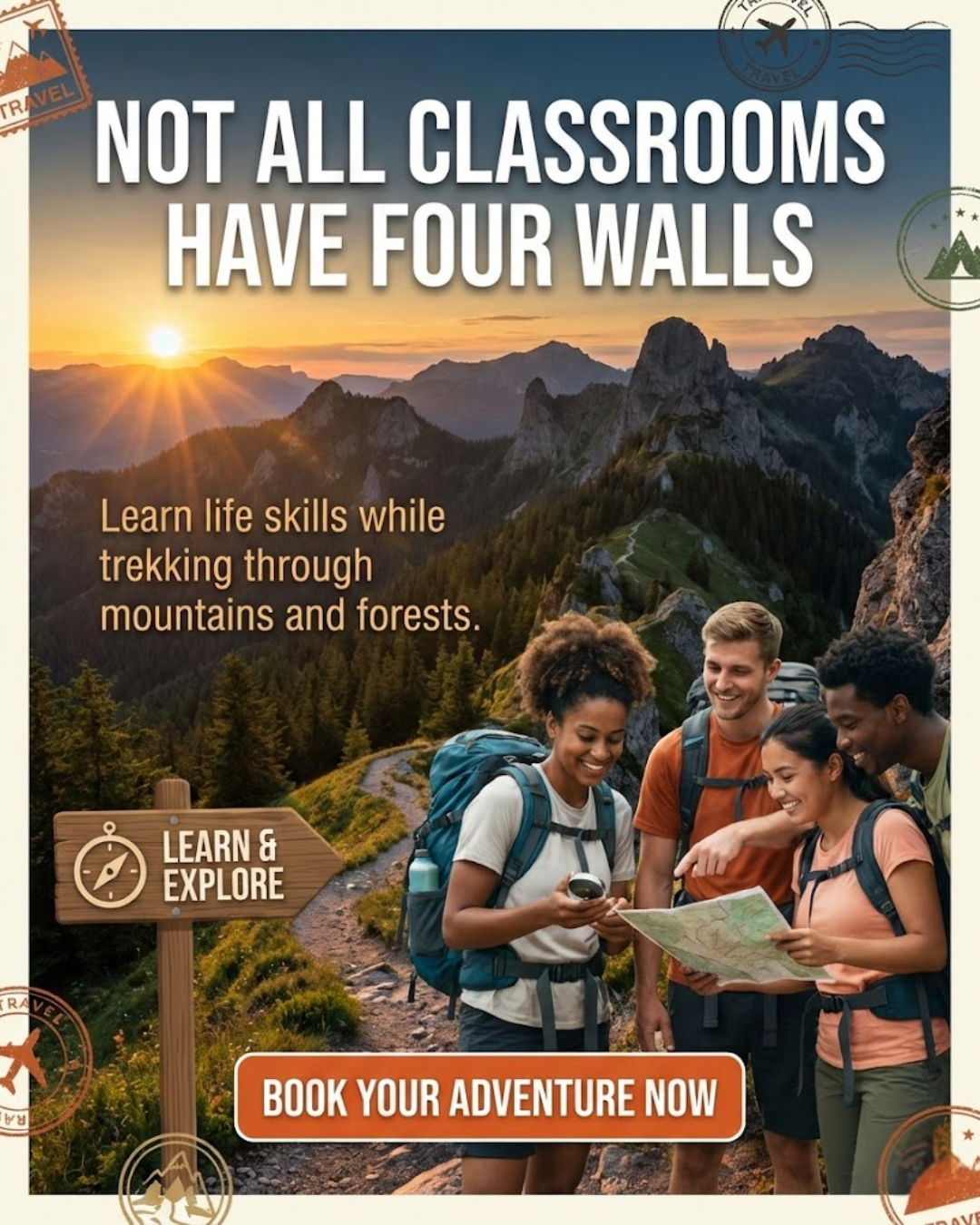 Adventure tour guide leading hikers on a scenic mountain trek promoted through automated social media content