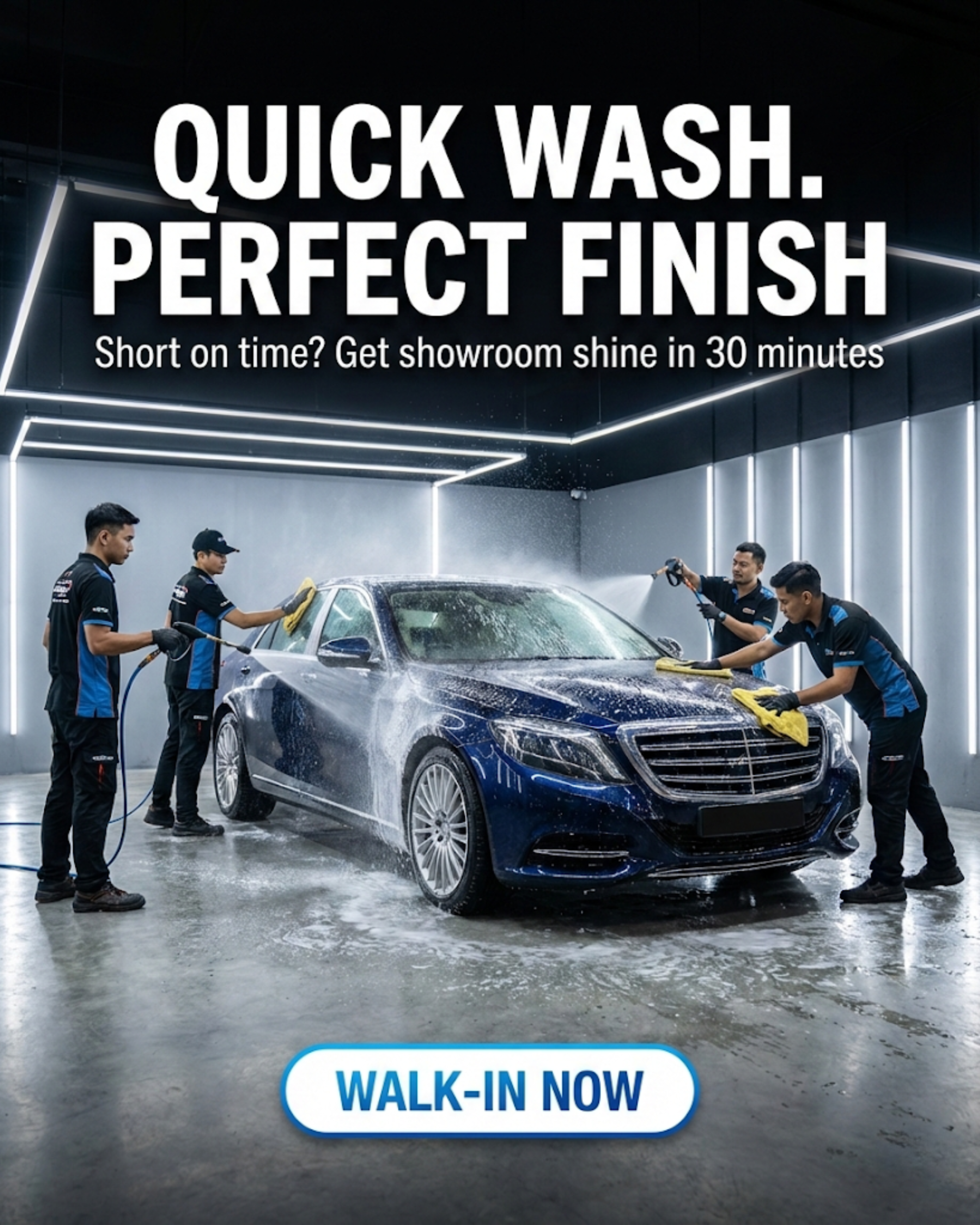 Professional detailer polishing a car with a rotary buffer, promoted via automated social media content