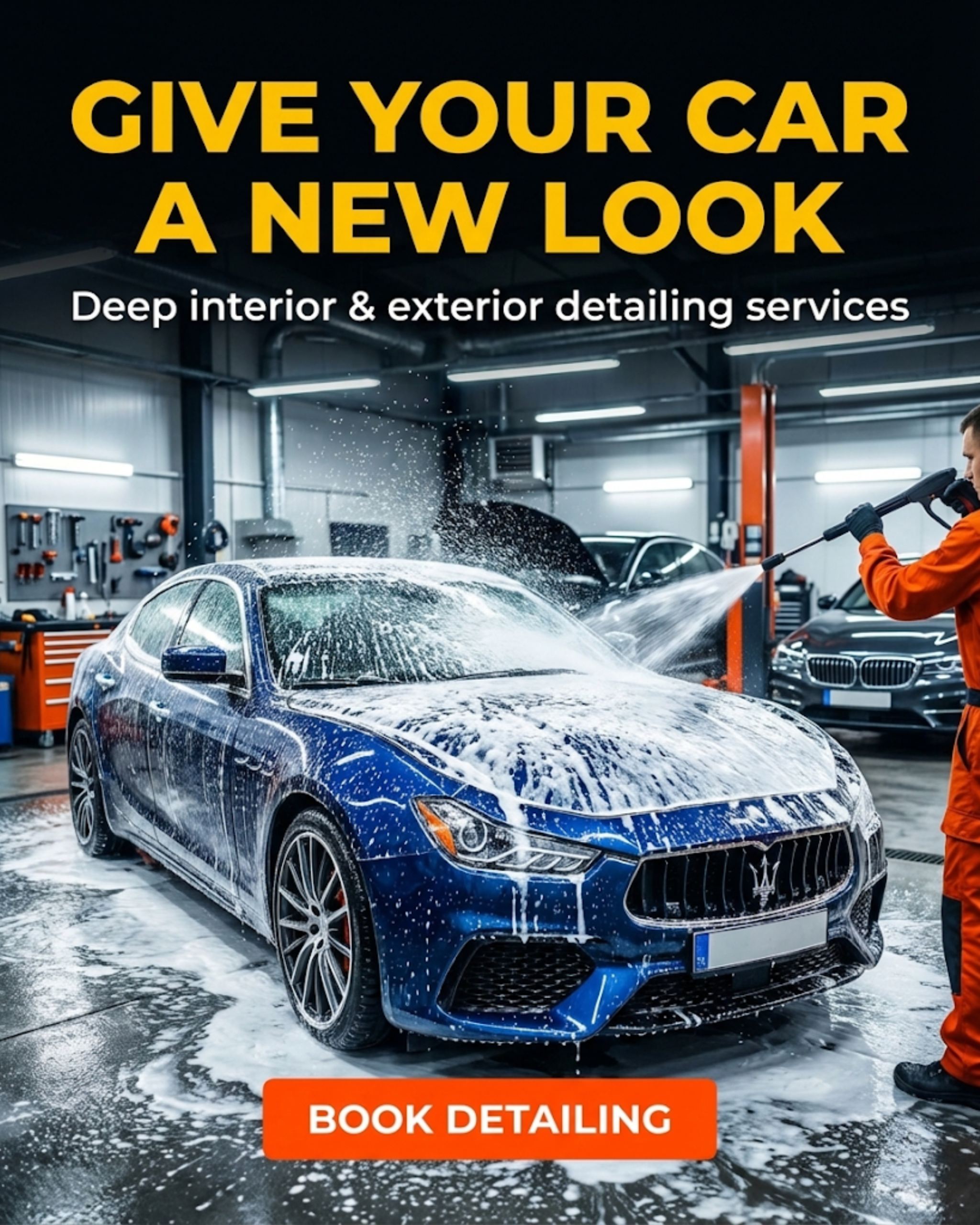 A professional auto repair workshop bays and diagnostic tools, promoted through automated social media content