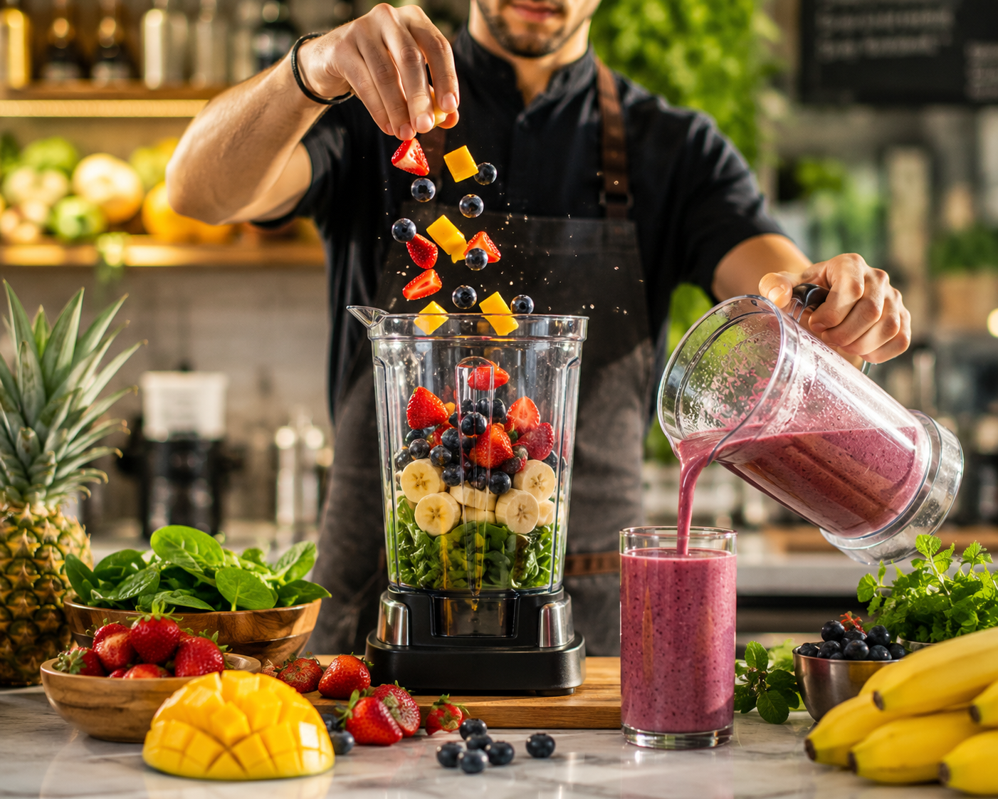 Cozy juice bar / smoothie bar interior promoted through automated social media content