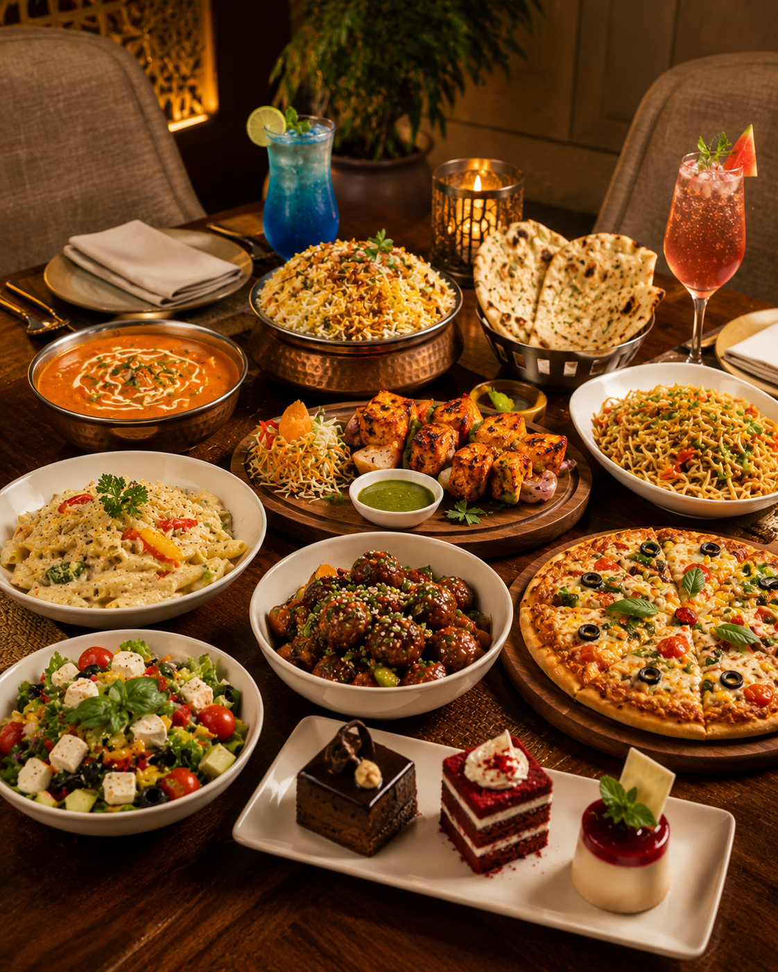 Cozy veg multicuisine restaurant interior promoted through automated social media content