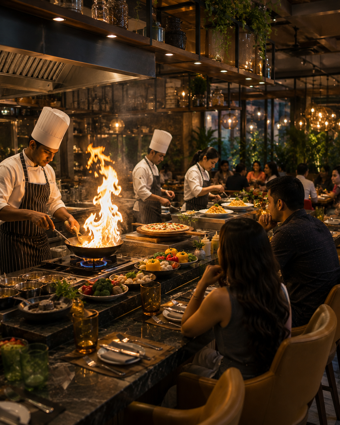 Chef preparing a dish, promoted via automated veg multicuisine restaurant social media content