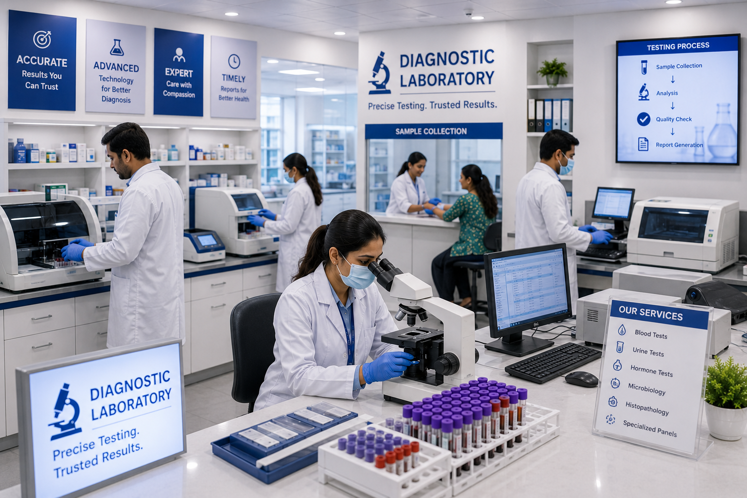 Medical lab technician analyzing samples under microscope, promoted through automated lab social media content
