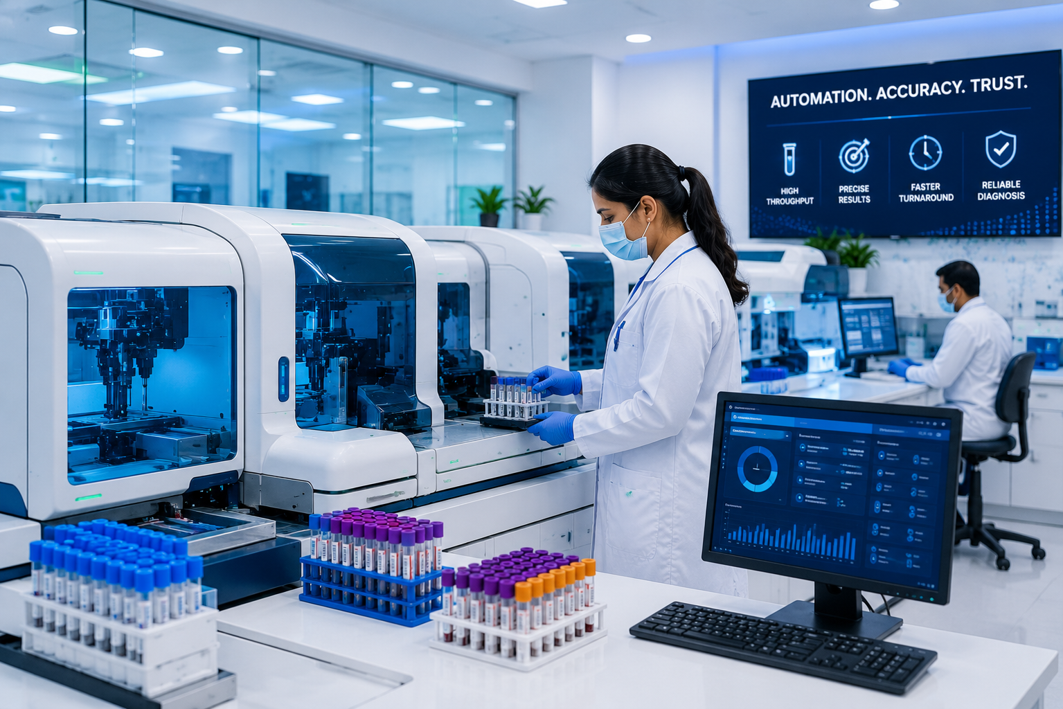Automated pathology analyzers for diagnostic lab social media automation
