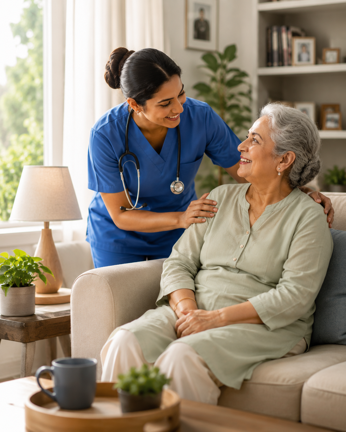Home nurse providing compassionate care to senior patient, promoted through automated social media content