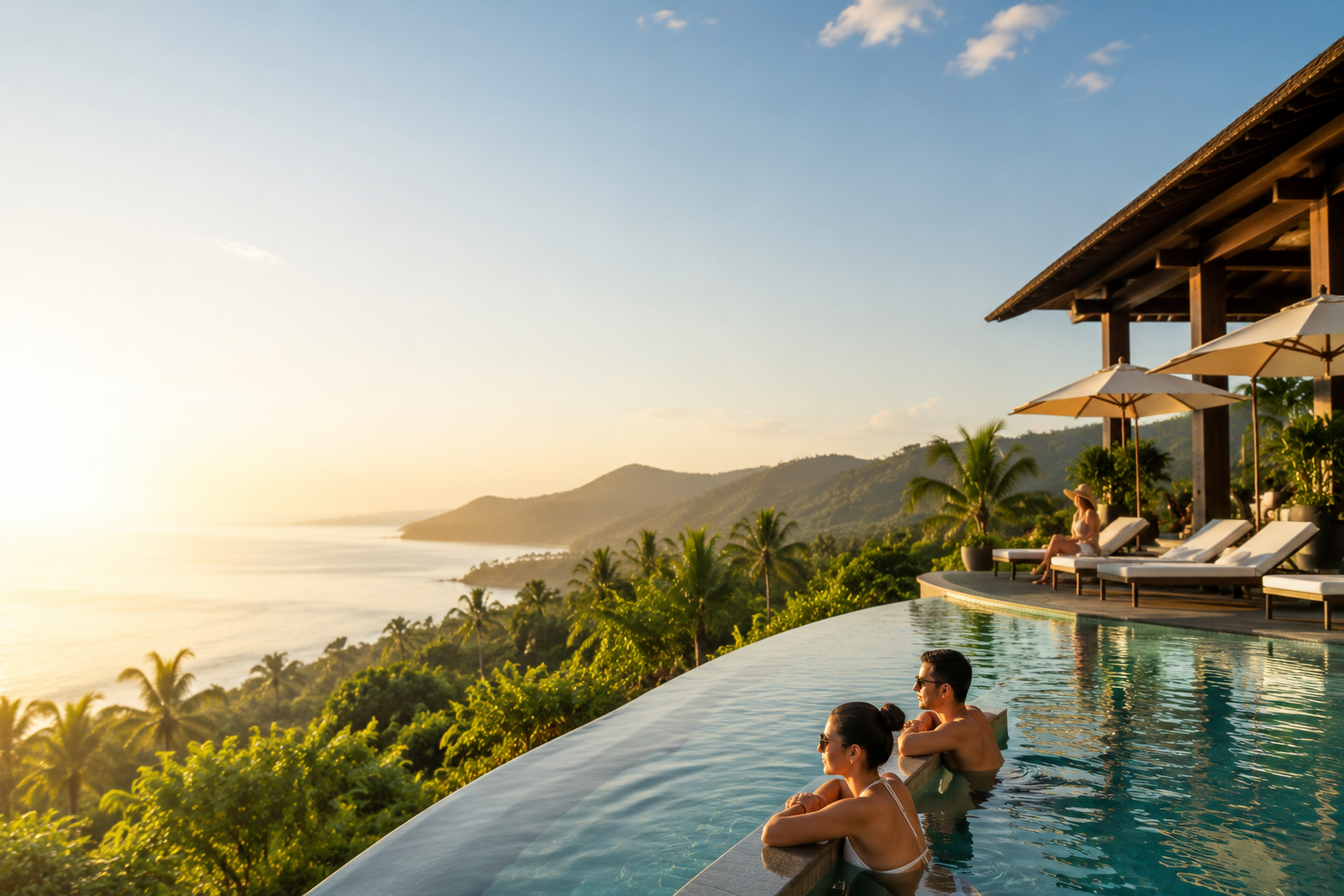 Luxury hotel lobby and resort pool promoted through automated social media content