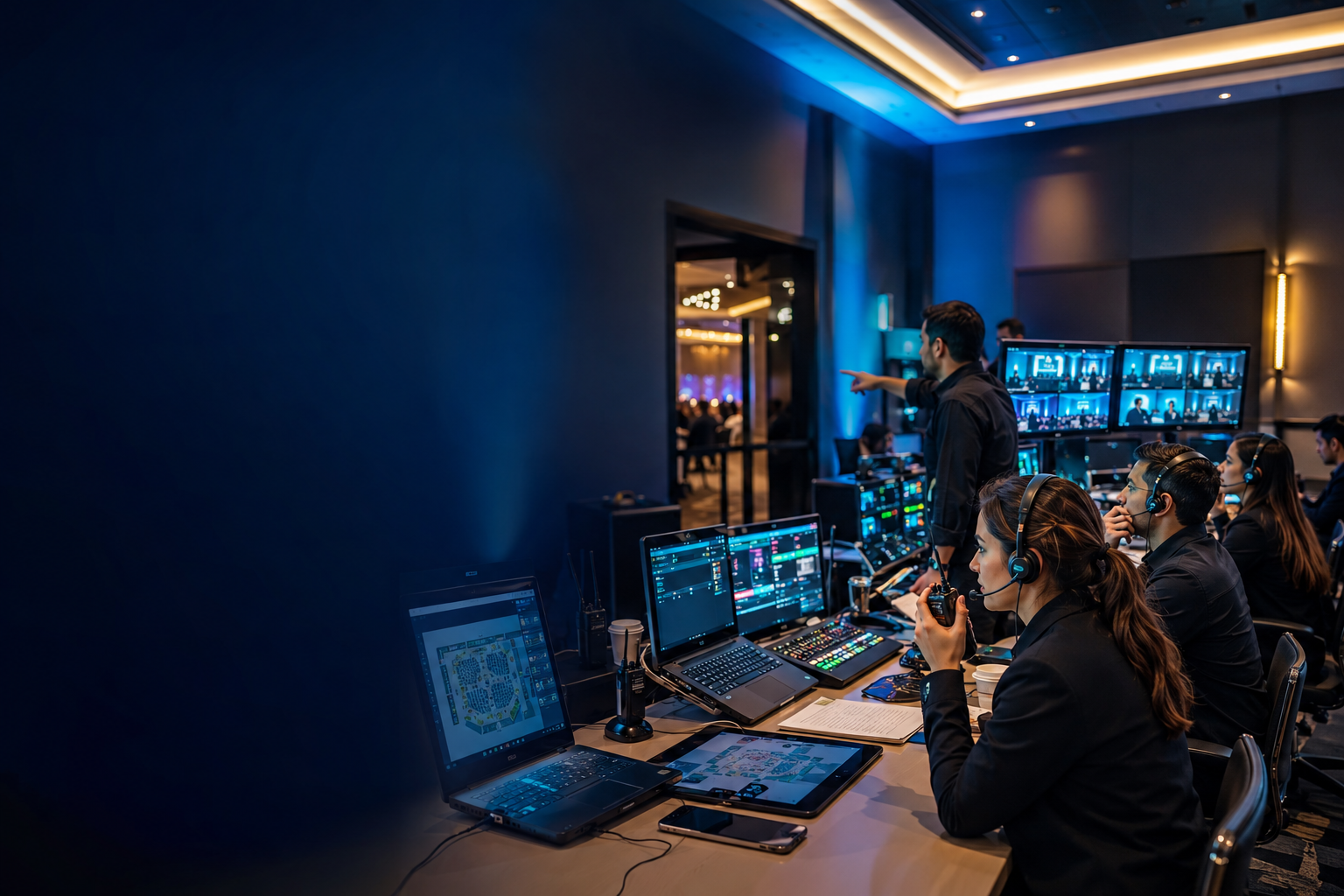 Organizers managing a corporate seminar, promoted via automated social content