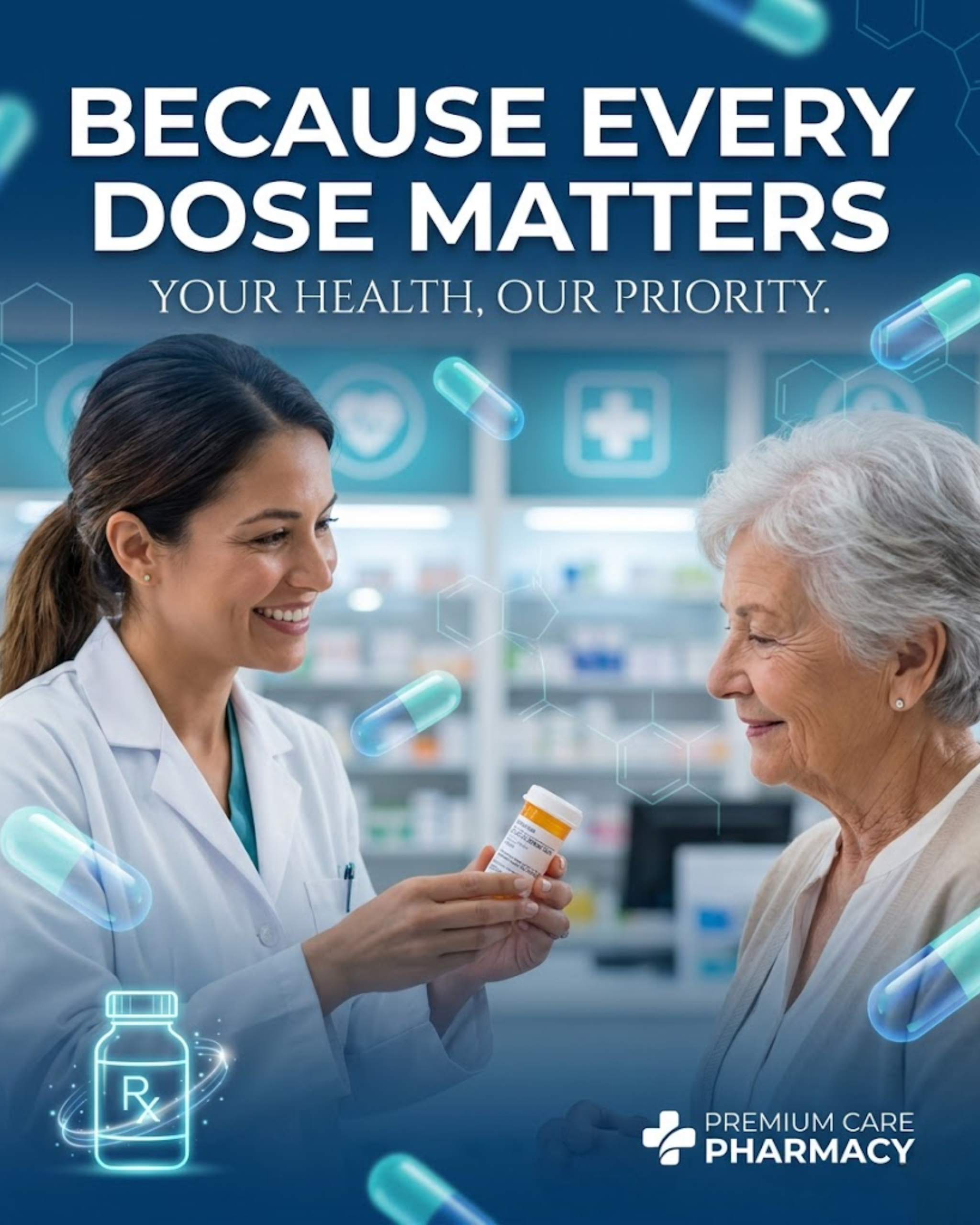 Pharmacist behind counter, promoted through automated medical store social media content
