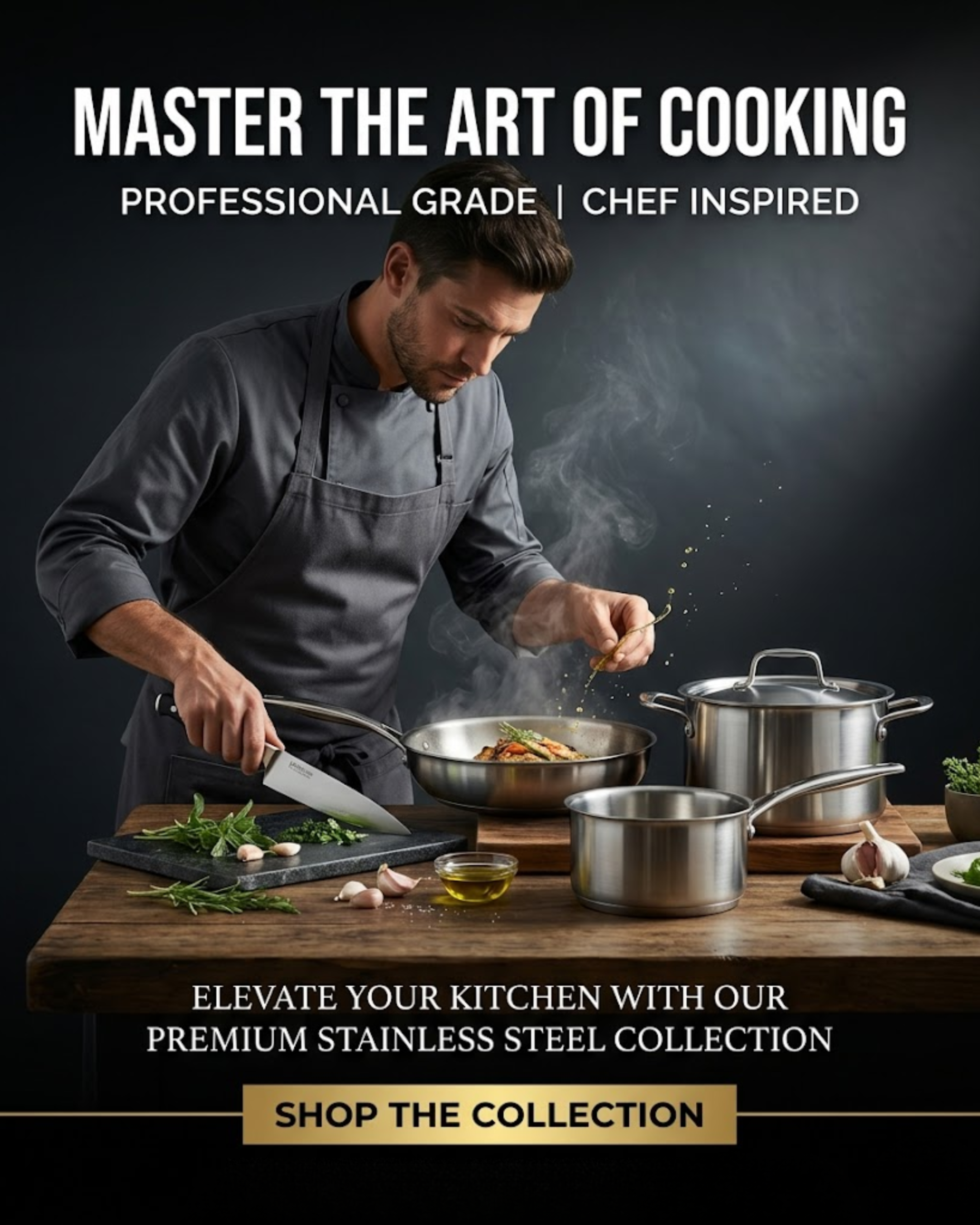 Chef preparing a gourmet dish, promoted via automated kitchenware social media content