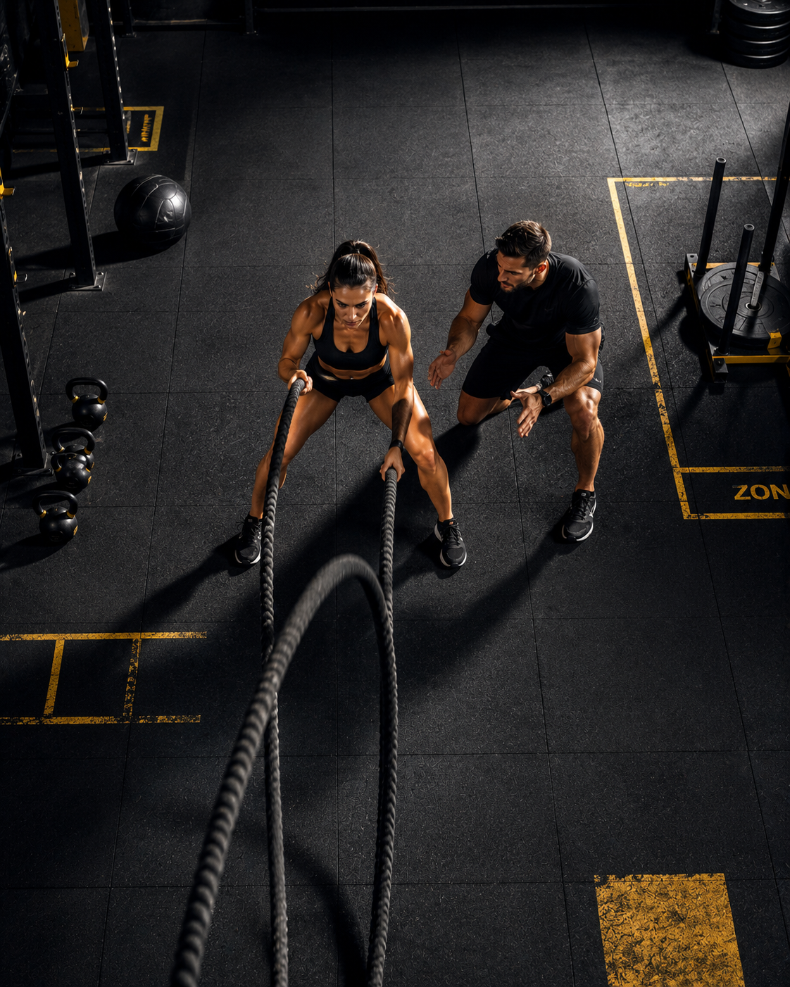 Personal trainer helping a client, promoted via automated crossfit gym social media content